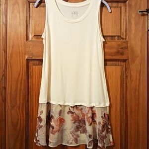 Logo by Lori Goldstein Solid Round Neck Tank W/ Floral Chiffon Hem Champagne Sm